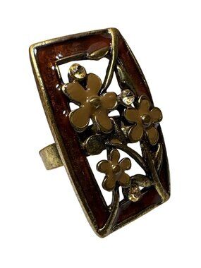 Vintage Floral Ring Rhinestone Accents & Enamel Brass Tone Adjustable Statement